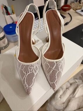 Amina Muaddi White Lace Pointed Slingback Heels